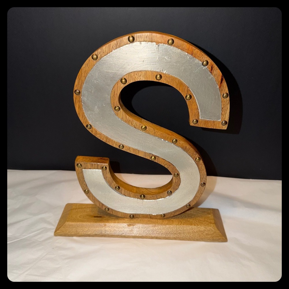 Unbranded Wood Metal Letter S Tabletop Decor Brown Silver Studded Industrial